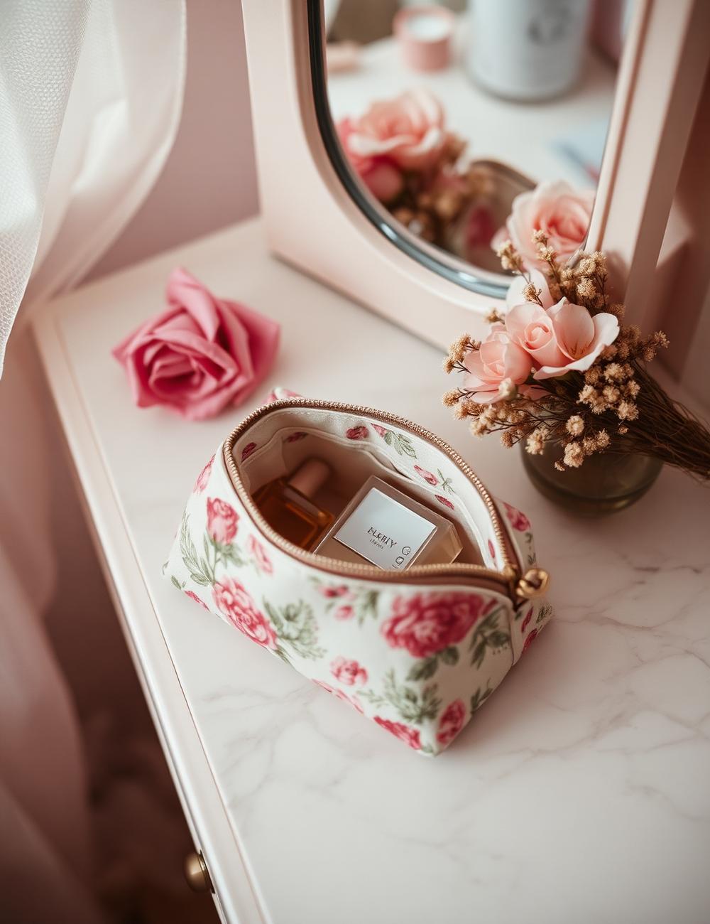 A floral Pretties pouch open on a vanity with perfume and dried flowers